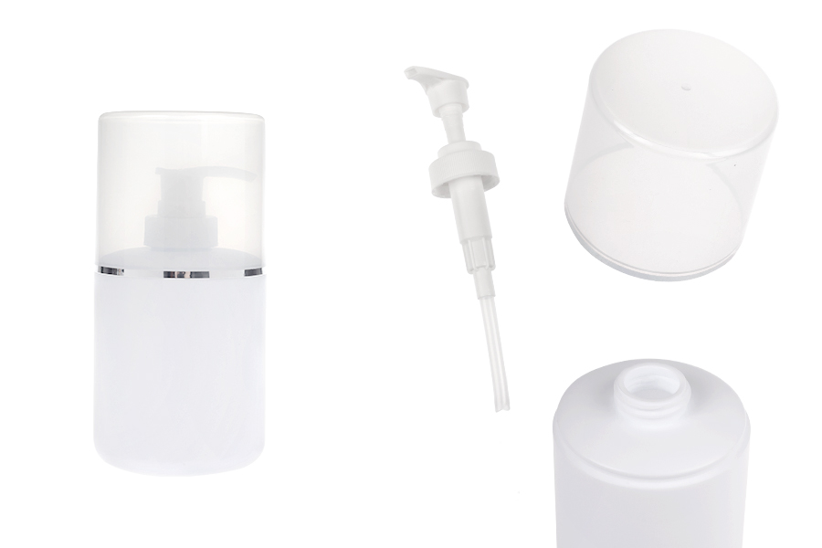 Plastična (HDPE) bela boca od 300 mL sa pumpicom za kremu i providnim poklopcem sa srebrnom linijom-slika_proizvoda