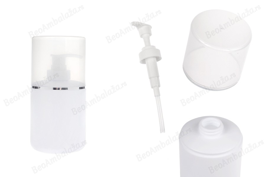 Plastična (HDPE) bela boca od 300 mL sa pumpicom za kremu i providnim poklopcem sa srebrnom linijom-slika_proizvoda