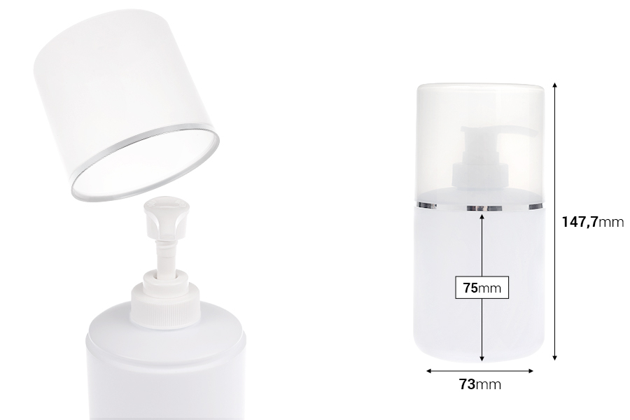 Plastična (HDPE) bela boca od 300 mL sa pumpicom za kremu i providnim poklopcem sa srebrnom linijom-dimenzije_slike