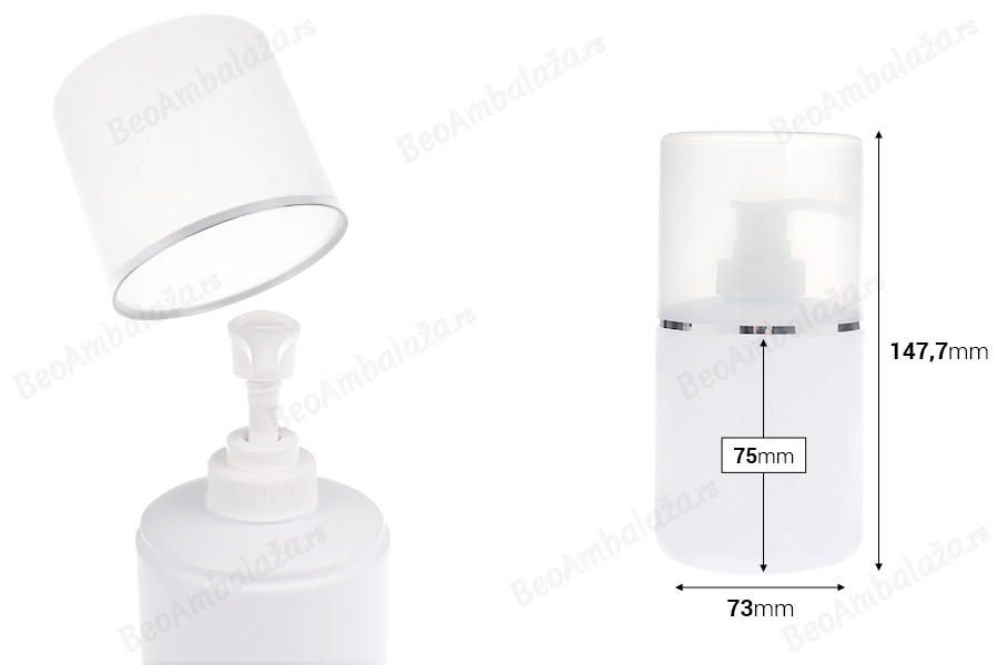 Plastična (HDPE) bela boca od 300 mL sa pumpicom za kremu i providnim poklopcem sa srebrnom linijom-dimenzije_slike