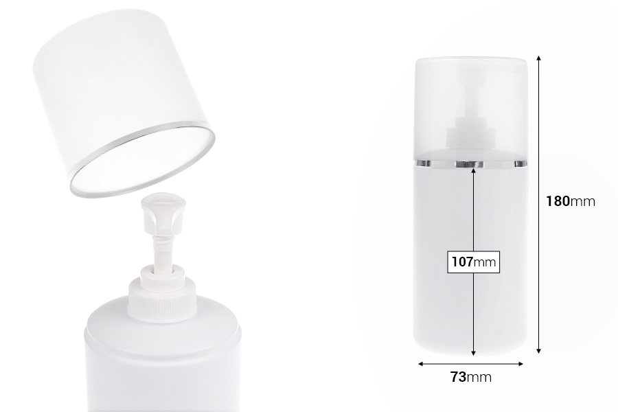 Plastična (HDPE) bela boca od 400 mL sa pumpicom za kremu i providnim poklopcem sa srebrnom linijom-dimenzije_slike