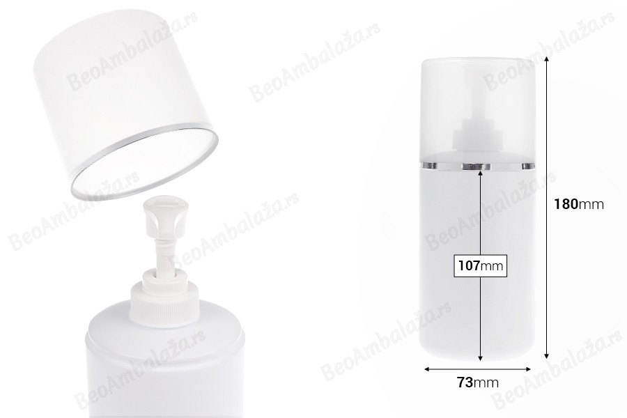 Plastična (HDPE) bela boca od 400 mL sa pumpicom za kremu i providnim poklopcem sa srebrnom linijom-dimenzije_slike