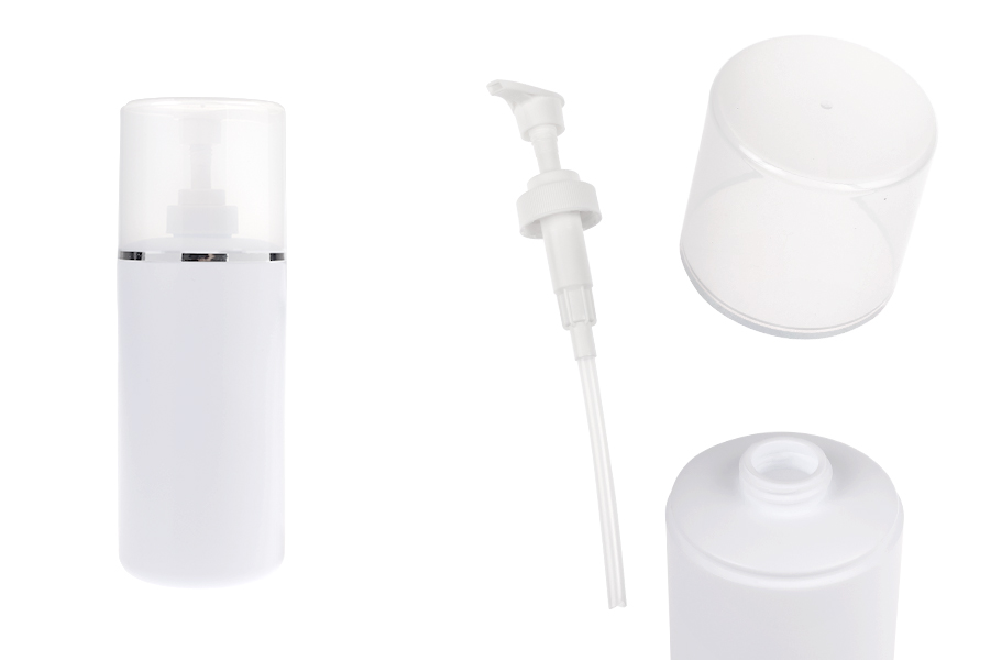 Plastična (HDPE) bela boca od 500 mL sa pumpicom za kremu i providnim poklopcem sa srebrnom linijom-slika_proizvoda