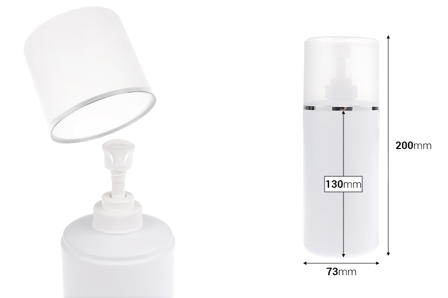 Plastična (HDPE) bela boca od 500 mL sa pumpicom za kremu i providnim poklopcem sa srebrnom linijom-dimenzije_slike