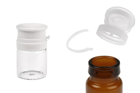 Staklena bočica od 10mL u providnoj ili karamel boji, sa belim sigurnosnim poklopcem (PP24) za lekove i homeopatske proizvode-slika_proizvoda