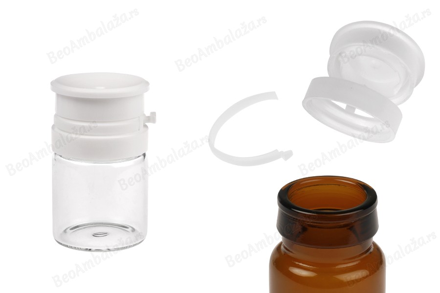 Staklena bočica od 10mL u providnoj ili karamel boji, sa belim sigurnosnim poklopcem (PP24) za lekove i homeopatske proizvode-slika_proizvoda