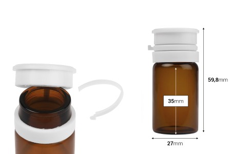 Staklena bočica od 15mL u providnoj ili karamel boji, sa belim sigurnosnim poklopcem (PP24) za lekove i homeopatske proizvode-dimenzije_slike