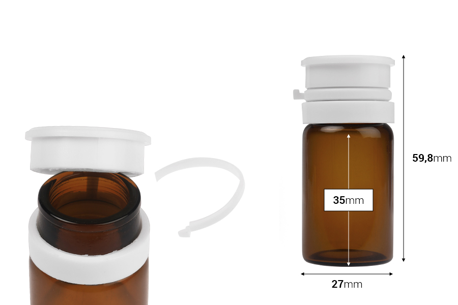 Staklena bočica od 15mL u providnoj ili karamel boji, sa belim sigurnosnim poklopcem (PP24) za lekove i homeopatske proizvode-dimenzije_slike