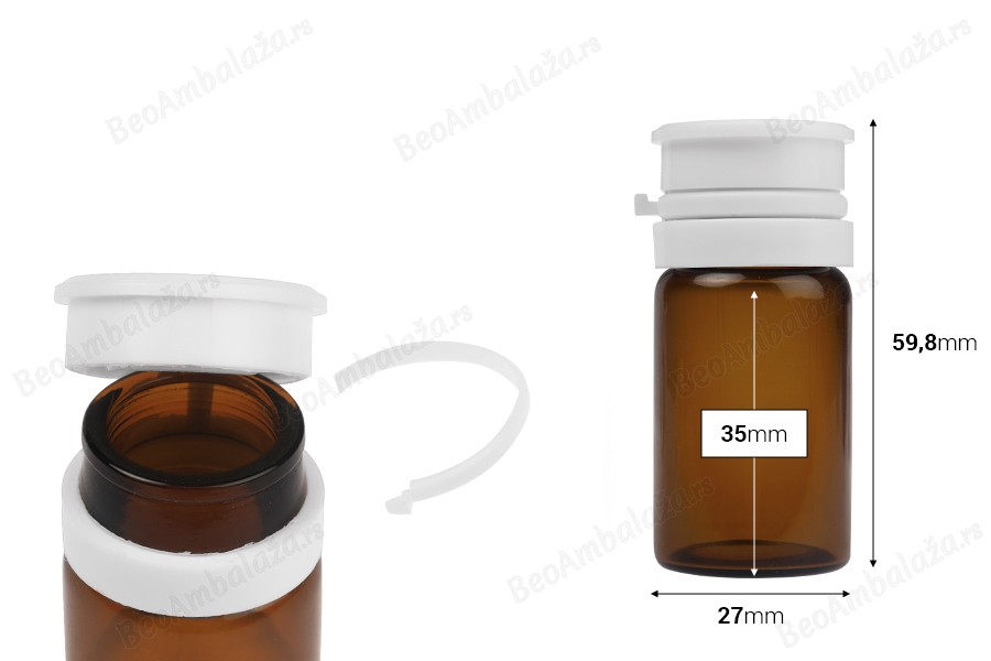 Staklena bočica od 15mL u providnoj ili karamel boji, sa belim sigurnosnim poklopcem (PP24) za lekove i homeopatske proizvode-dimenzije_slike