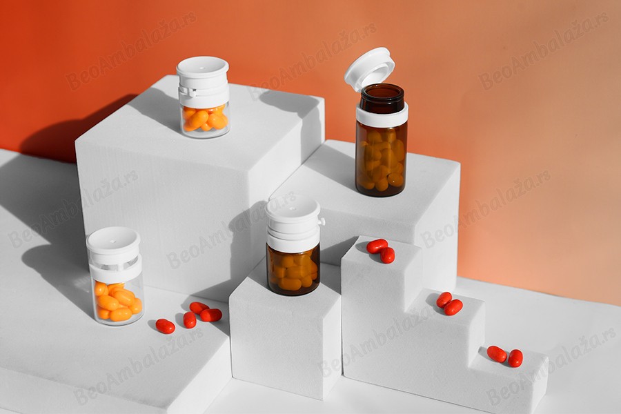 Staklena bočica od 5mL u providnoj ili karamel boji, sa belim sigurnosnim poklopcem (PP24) za lekove i homeopatske proizvode-grupa_slika