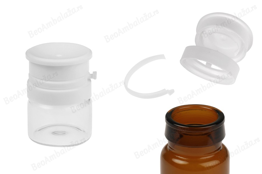 Staklena bočica od 5mL u providnoj ili karamel boji, sa belim sigurnosnim poklopcem (PP24) za lekove i homeopatske proizvode-slika_proizvoda