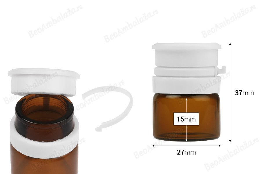 Staklena bočica od 5mL u providnoj ili karamel boji, sa belim sigurnosnim poklopcem (PP24) za lekove i homeopatske proizvode-dimenzije_slike