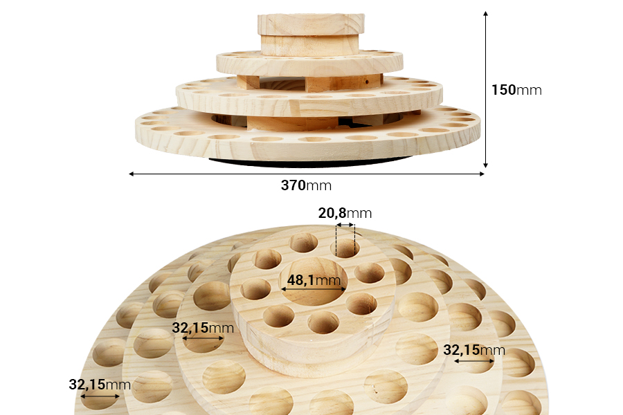 Drveni stalak sa rotirajućim postoljem za bočice esencijalnog ulja - 4 nivoa-dimenzije_slike
