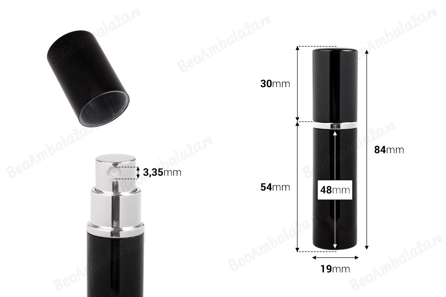 Staklena flašica 5mL sa sprejom za parfem, u aluminijumskoj tubici - 5 kom-dimenzije_slike