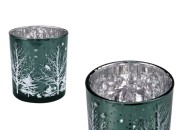 Dekorativni Božićni stakleni svećnjak sa snežnim jelkama (bez poklopca) zelene boje-slika_proizvoda