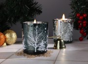 Dekorativni Božićni stakleni svećnjak sa snežnim jelkama (bez poklopca) zelene boje-grupa_slika