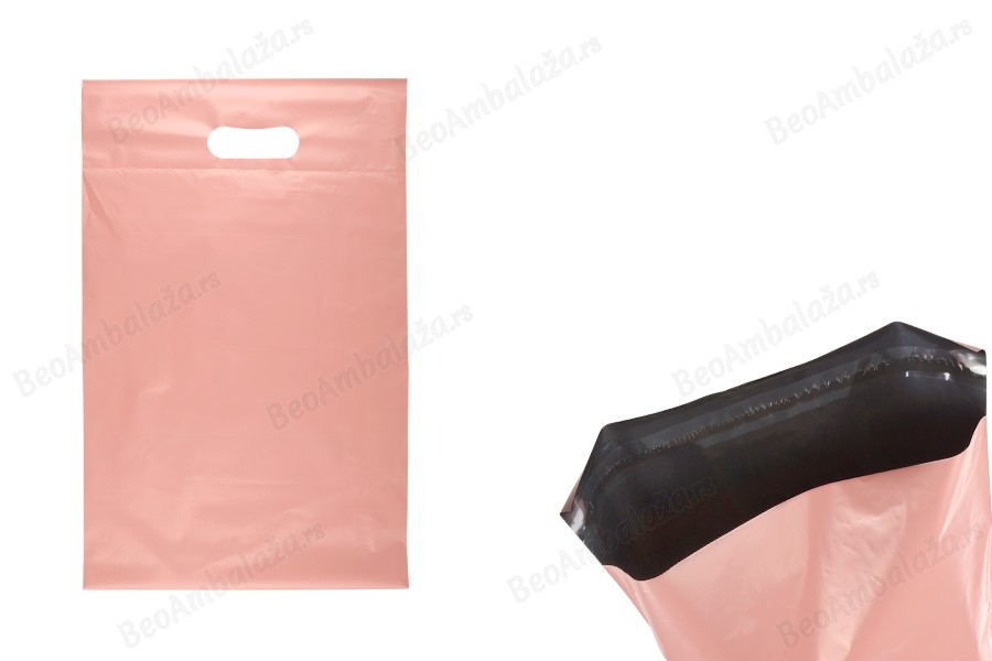 Kurirske vodootporne PE transportne kese 260x330 mm roze boje, sa samolepljivim zatvaranjem i ručkom - 100 kom-slika_proizvoda