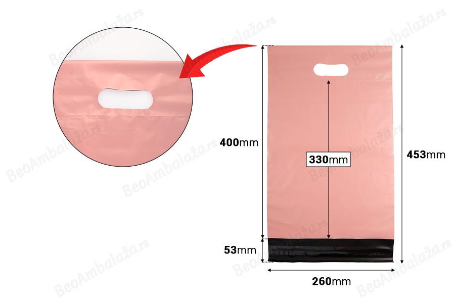 Kurirske vodootporne PE transportne kese 260x330 mm roze boje, sa samolepljivim zatvaranjem i ručkom - 100 kom-dimenzije_slike
