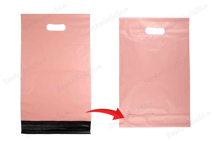 Kurirske vodootporne PE transportne kese 260x330 mm roze boje, sa samolepljivim zatvaranjem i ručkom - 100 kom-grupa_slika