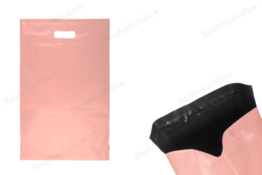 Kurirske vodootporne PE transportne kese 300x400 mm roze boje, sa samolepljivim zatvaranjem i ručkom - 100 kom-slika_proizvoda
