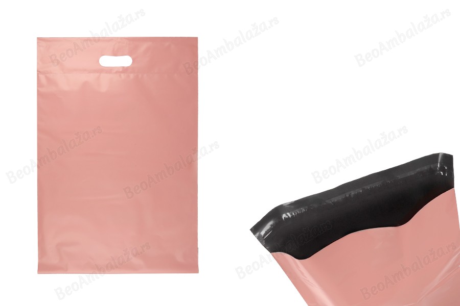 Kurirske vodootporne PE transportne kese 350x450 mm roze boje, sa samolepljivim zatvaranjem i ručkom - 100 kom-slika_proizvoda