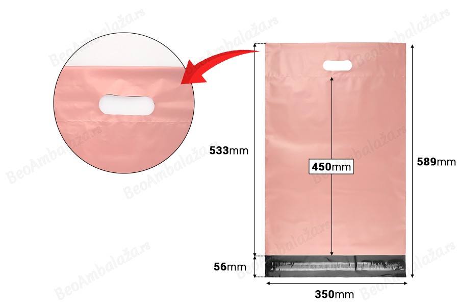 Kurirske vodootporne PE transportne kese 350x450 mm roze boje, sa samolepljivim zatvaranjem i ručkom - 100 kom-dimenzije_slike