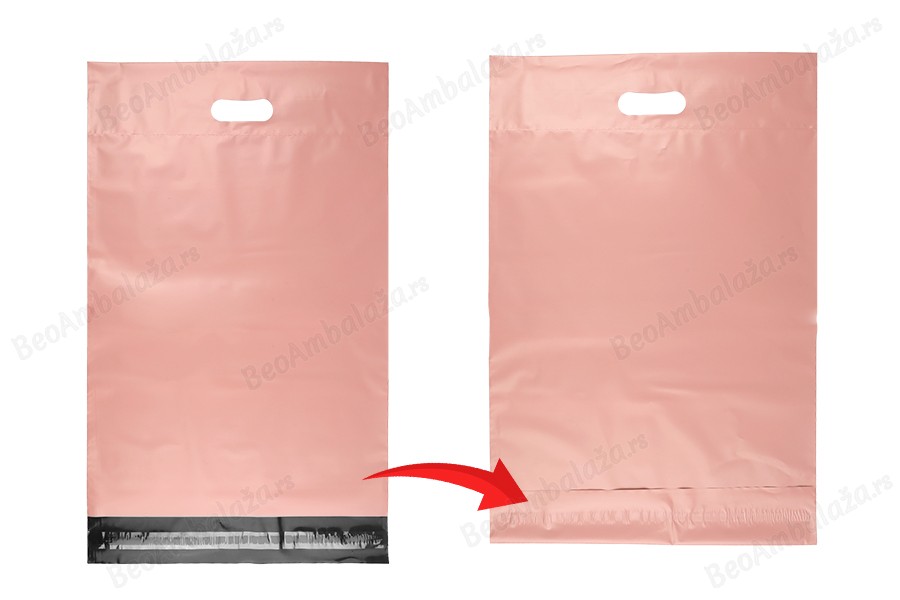Kurirske vodootporne PE transportne kese 350x450 mm roze boje, sa samolepljivim zatvaranjem i ručkom - 100 kom-grupa_slika
