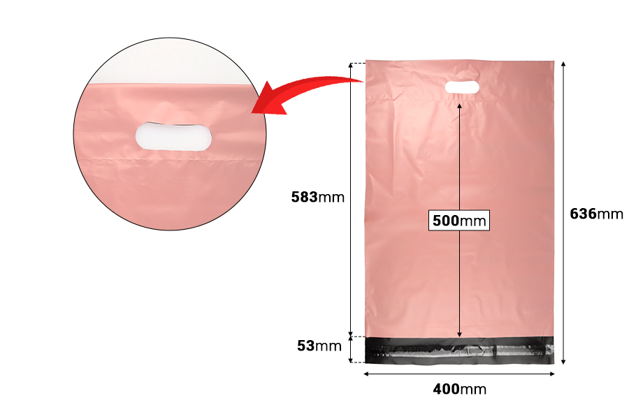 Kurirske vodootporne PE transportne kese 400x500 mm roze boje, sa samolepljivim zatvaranjem i ručkom - 100 kom