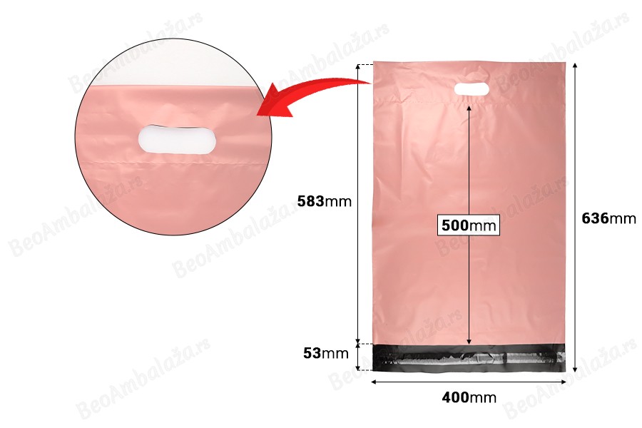 Kurirske vodootporne PE transportne kese 400x500 mm roze boje, sa samolepljivim zatvaranjem i ručkom - 100 kom-dimenzije_slike