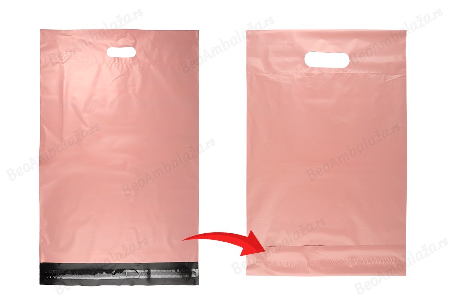 Kurirske vodootporne PE transportne kese 400x500 mm roze boje, sa samolepljivim zatvaranjem i ručkom - 100 kom-grupa_slika
