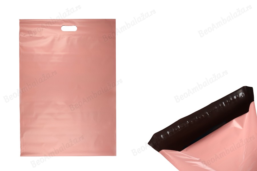 Kurirske vodootporne PE transportne kese 450x550 mm roze boje, sa samolepljivim zatvaranjem i ručkom - 100 kom-slika_proizvoda