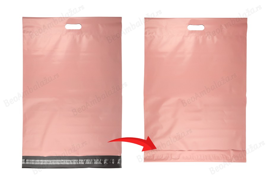 Kurirske vodootporne PE transportne kese 450x550 mm roze boje, sa samolepljivim zatvaranjem i ručkom - 100 kom-grupa_slika