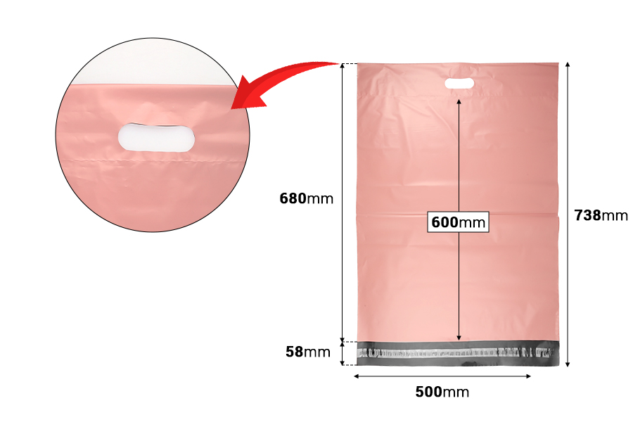 Kurirske vodootporne PE transportne kese 500x600 mm roze boje, sa samolepljivim zatvaranjem i ručkom - 100 kom-dimenzije_slike