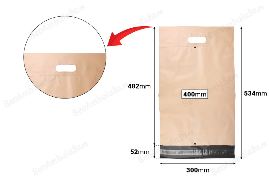 Kurirske vodootporne PE transportne kese 300x400 mm bež boje, sa samolepljivim zatvaranjem i ručkom - 100 kom-dimenzije_slike