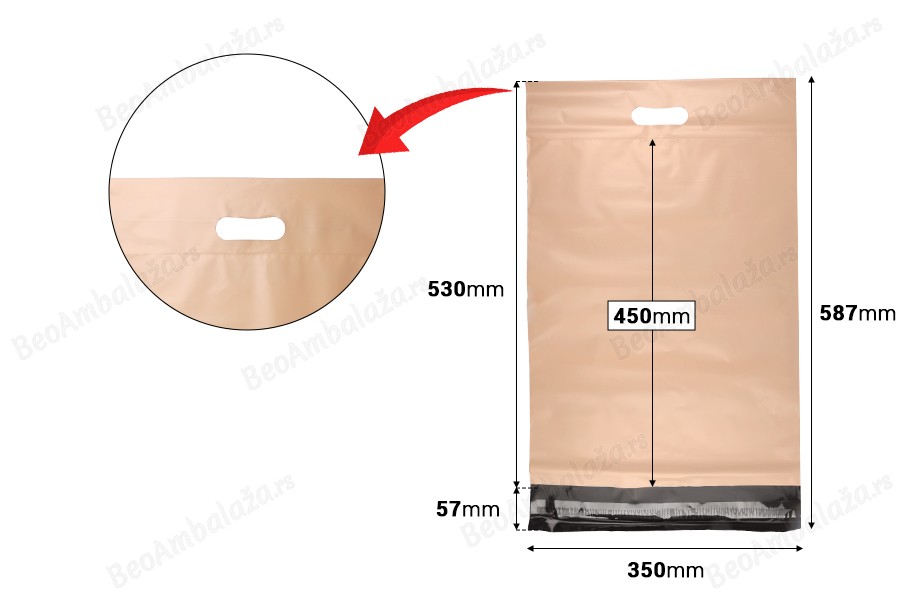 Kurirske vodootporne PE transportne kese 350x450 mm bež boje, sa samolepljivim zatvaranjem i ručkom - 100 kom-dimenzije_slike
