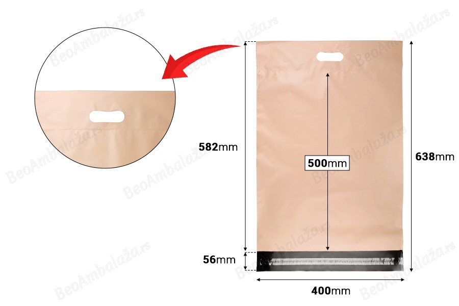 Kurirske vodootporne PE transportne kese 400x500 mm bež boje, sa samolepljivim zatvaranjem i ručkom - 100 kom-dimenzije_slike
