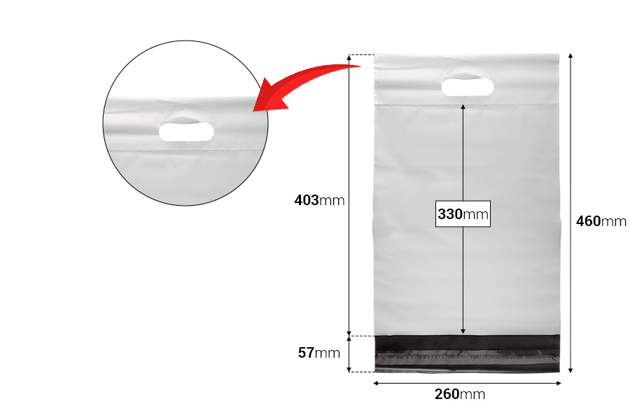 Kurirske vodootporne PE transportne kese 260x330 mm bele boje, sa samolepljivim zatvaranjem i ručkom - 100 kom-dimenzije_slike