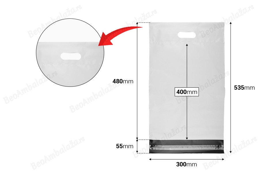 Kurirske vodootporne PE transportne kese 300x400 mm bele boje, sa samolepljivim zatvaranjem i ručkom - 100 kom-dimenzije_slike