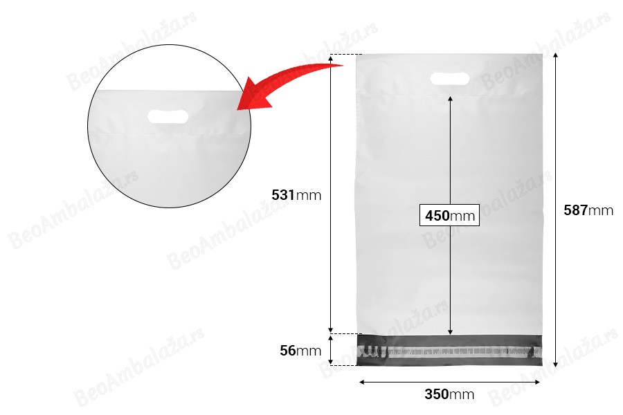Kurirske vodootporne PE transportne kese 350x450 mm bele boje, sa samolepljivim zatvaranjem i ručkom - 100 kom-dimenzije_slike