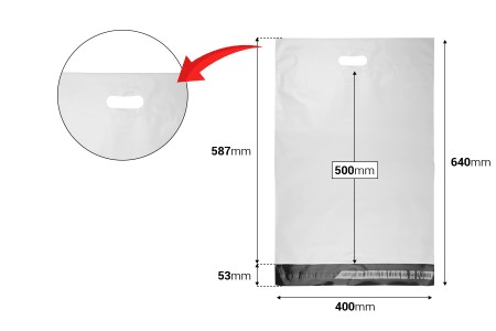 Kurirske vodootporne PE transportne kese 400x500 mm bele boje, sa samolepljivim zatvaranjem i ručkom - 100 kom-dimenzije_slike
