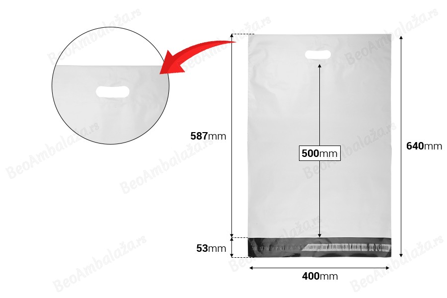Kurirske vodootporne PE transportne kese 400x500 mm bele boje, sa samolepljivim zatvaranjem i ručkom - 100 kom-dimenzije_slike
