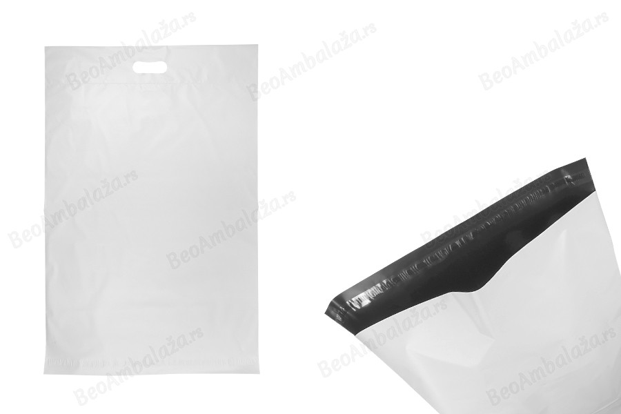 Kurirske vodootporne PE transportne kese 450x550 mm bele boje, sa samolepljivim zatvaranjem i ručkom - 100 kom-slika_proizvoda