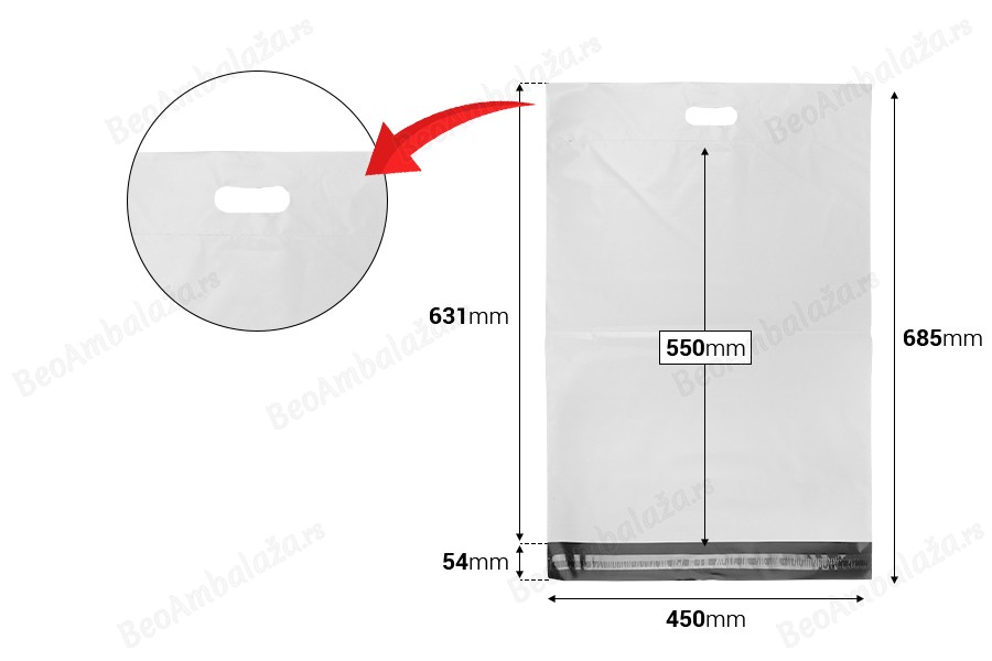 Kurirske vodootporne PE transportne kese 450x550 mm bele boje, sa samolepljivim zatvaranjem i ručkom - 100 kom-dimenzije_slike