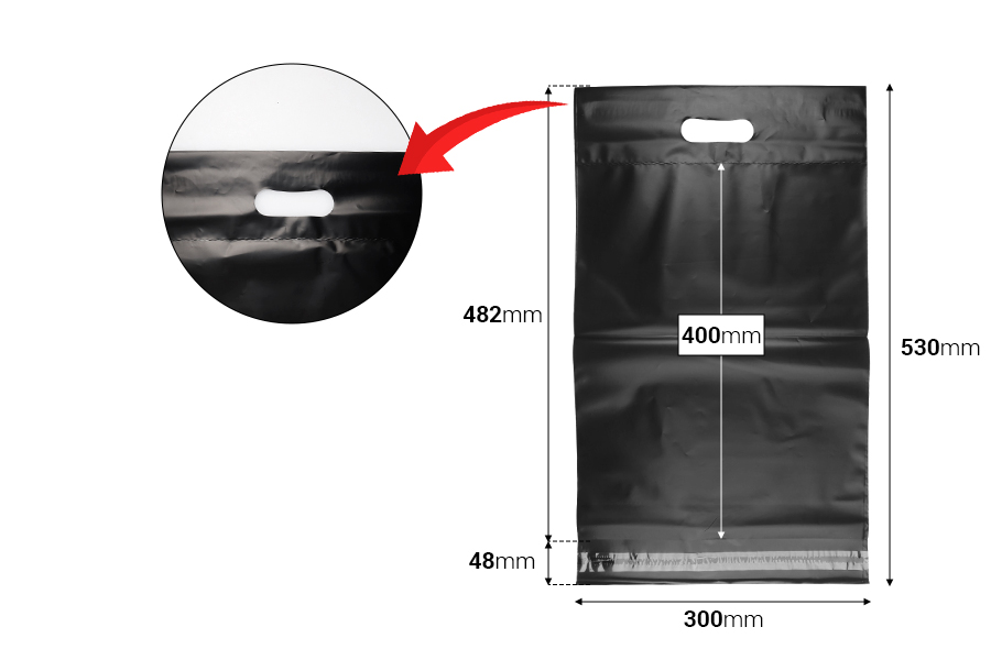 Kurirske vodootporne PE transportne kese 300x400 mm crne boje, sa samolepljivim zatvaranjem i ručkom - 100 kom-dimenzije_slike