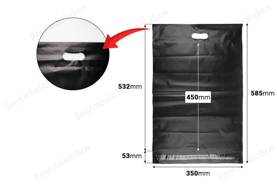 Kurirske vodootporne PE transportne kese 350x450 mm crne boje, sa samolepljivim zatvaranjem i ručkom - 100 kom-dimenzije_slike