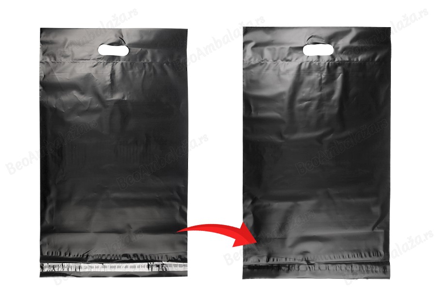 Kurirske vodootporne PE transportne kese 350x450 mm crne boje, sa samolepljivim zatvaranjem i ručkom - 100 kom-grupa_slika