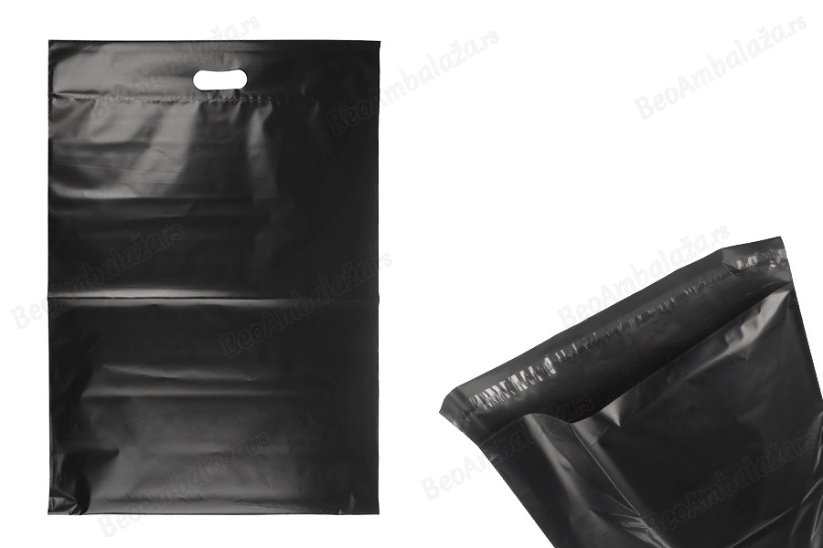 Kurirske vodootporne PE transportne kese 450x550 mm crne boje, sa samolepljivim zatvaranjem i ručkom - 100 kom-slika_proizvoda