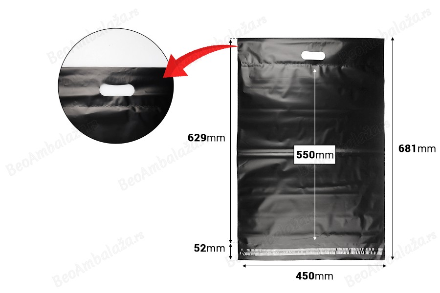 Kurirske vodootporne PE transportne kese 450x550 mm crne boje, sa samolepljivim zatvaranjem i ručkom - 100 kom-dimenzije_slike