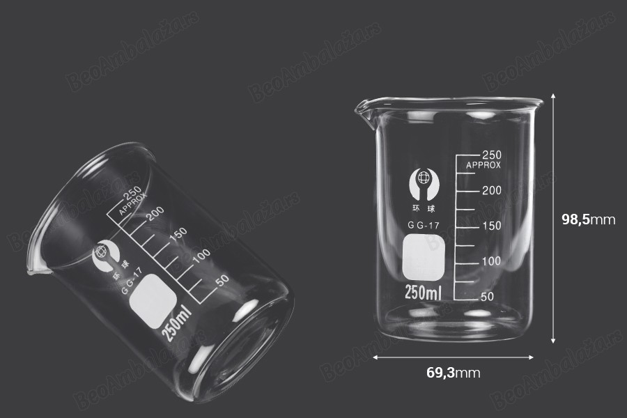 Staklena cilindrična čaša 250 mL-dimenzije_slike
