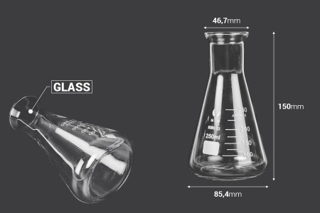 Stakleni Erlenmajer od 250mL sa oznakama-dimenzije_slike
